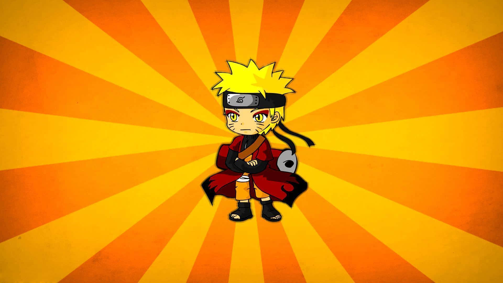 動漫 桌布 壁紙 — Chibi Naruto 自信地站在充滿活力的橙色和黃色太陽爆發背景前。