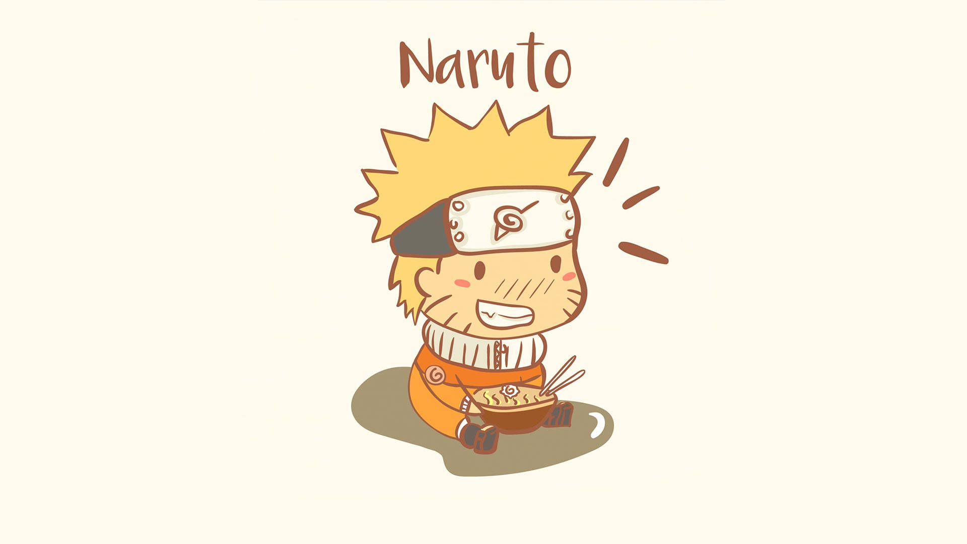 Q版動圖 桌布 壁紙 — Chibi Naruto 開心地用筷子吃拉麵，戴著他的頭帶，背景是純米色。