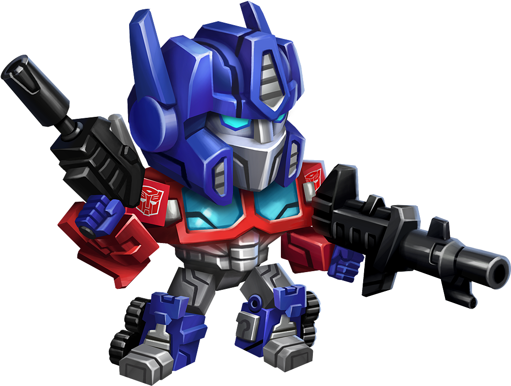 Toy 桌布 壁紙 — Chibi Optimus Prime 以像素藝術風格英雄式地站立，手持兩把槍，背景為黑色。