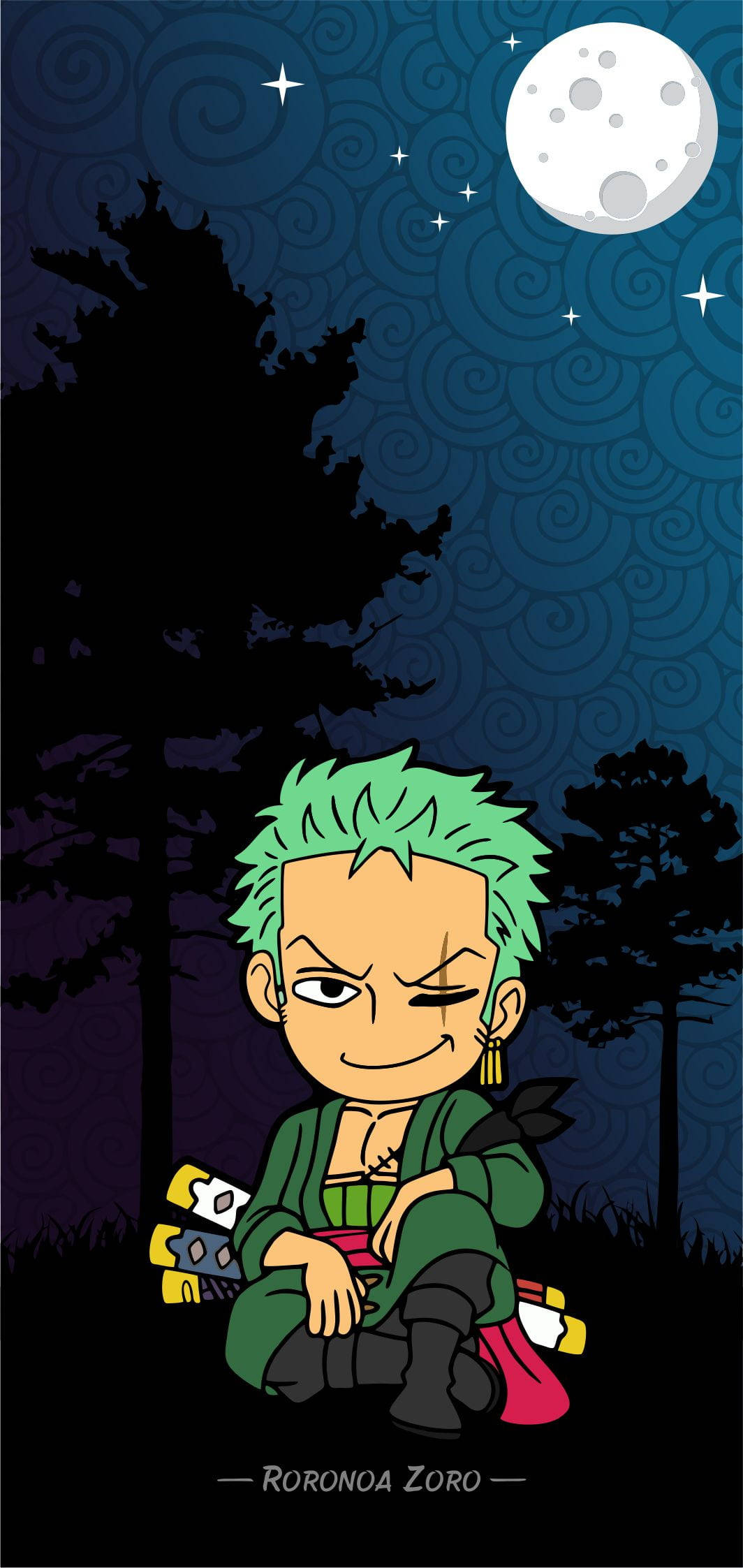 Chibi Zoro 在夜晚的黑暗森林中坐在滿月下。 — 索隆 GIF 壁紙