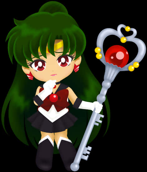 動漫 桌布 壁紙 — Chibi Sailor Jupiter 自信地站立，手持帶有紅色球體和金色裝飾的銀色鑰匙杖，背景為黑色。