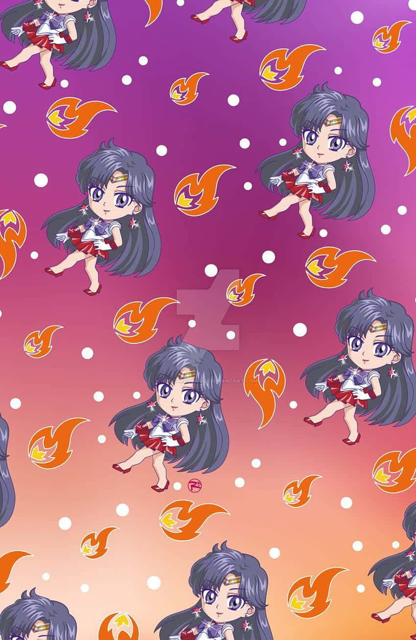 sailor mars 桌布 壁紙 — Chibi Sailor Mars 動漫角色和火焰符號在紫色到橙色的漸變背景上重複，帶有白色圓點。