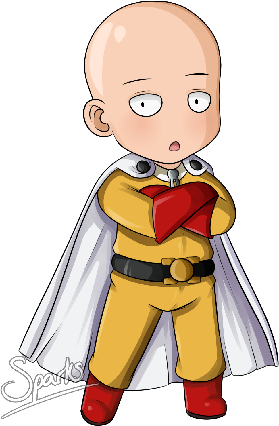Punch 桌布 壁紙 — Chibi Saitama 雙手交叉，身穿標誌性的黃色套裝和白色斗篷，站在黑色背景前。