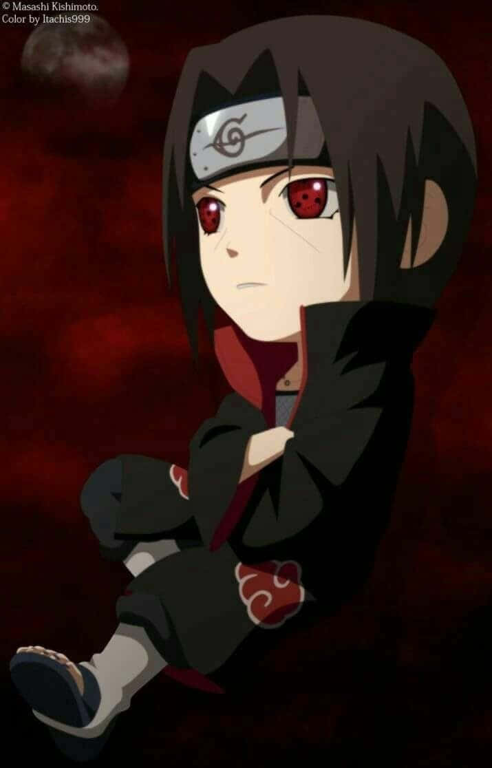 桌布 壁紙 — Chibi Sasuke Uchiha 紅眼黑斗篷，坐在有月亮的深紅色背景前。