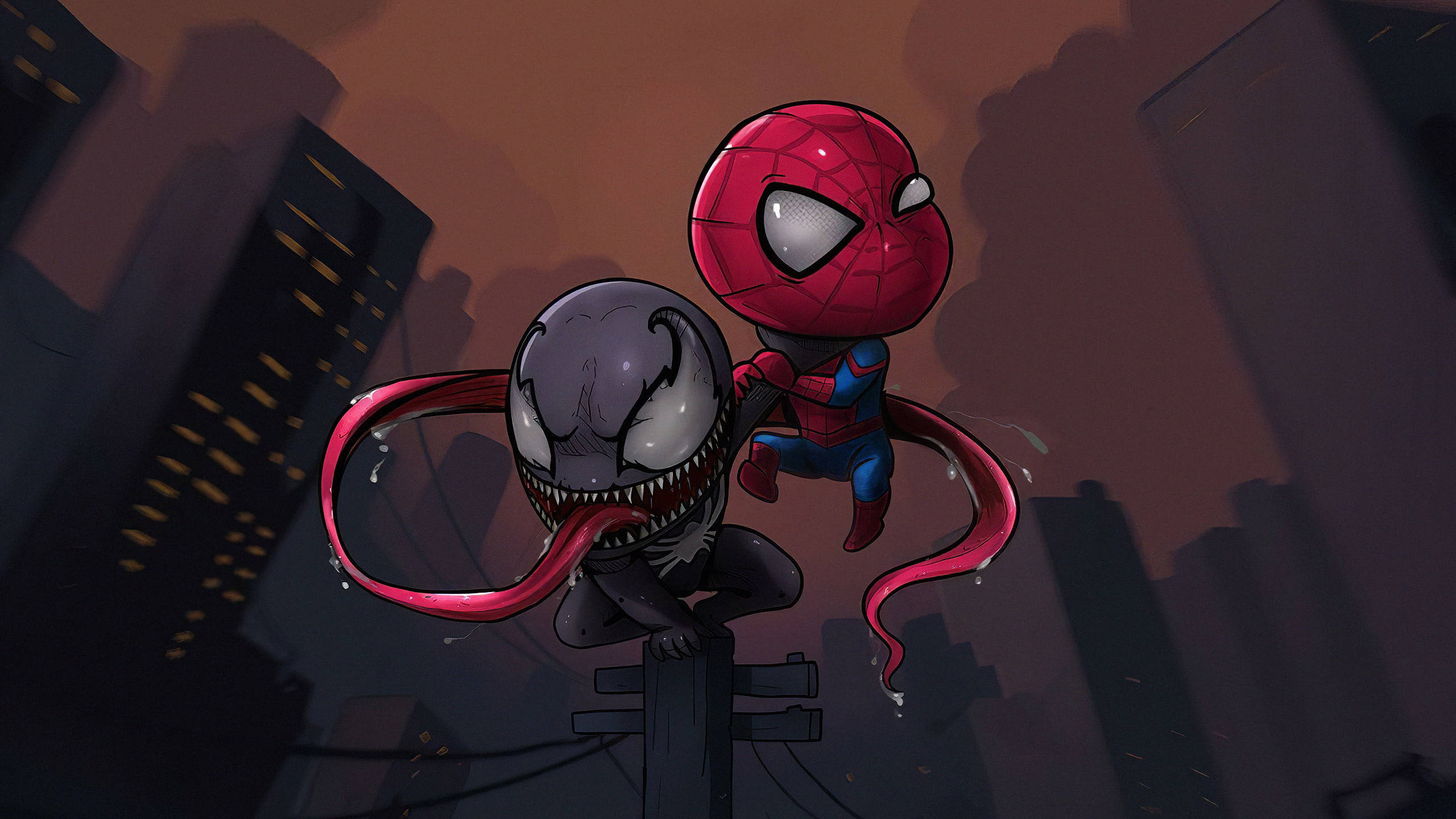 Q版動圖 桌布 壁紙 — Chibi Spider-Man 與 Venom 在柱頂上搏鬥，背景是昏暗的城市天際線，窗戶閃爍著光芒。