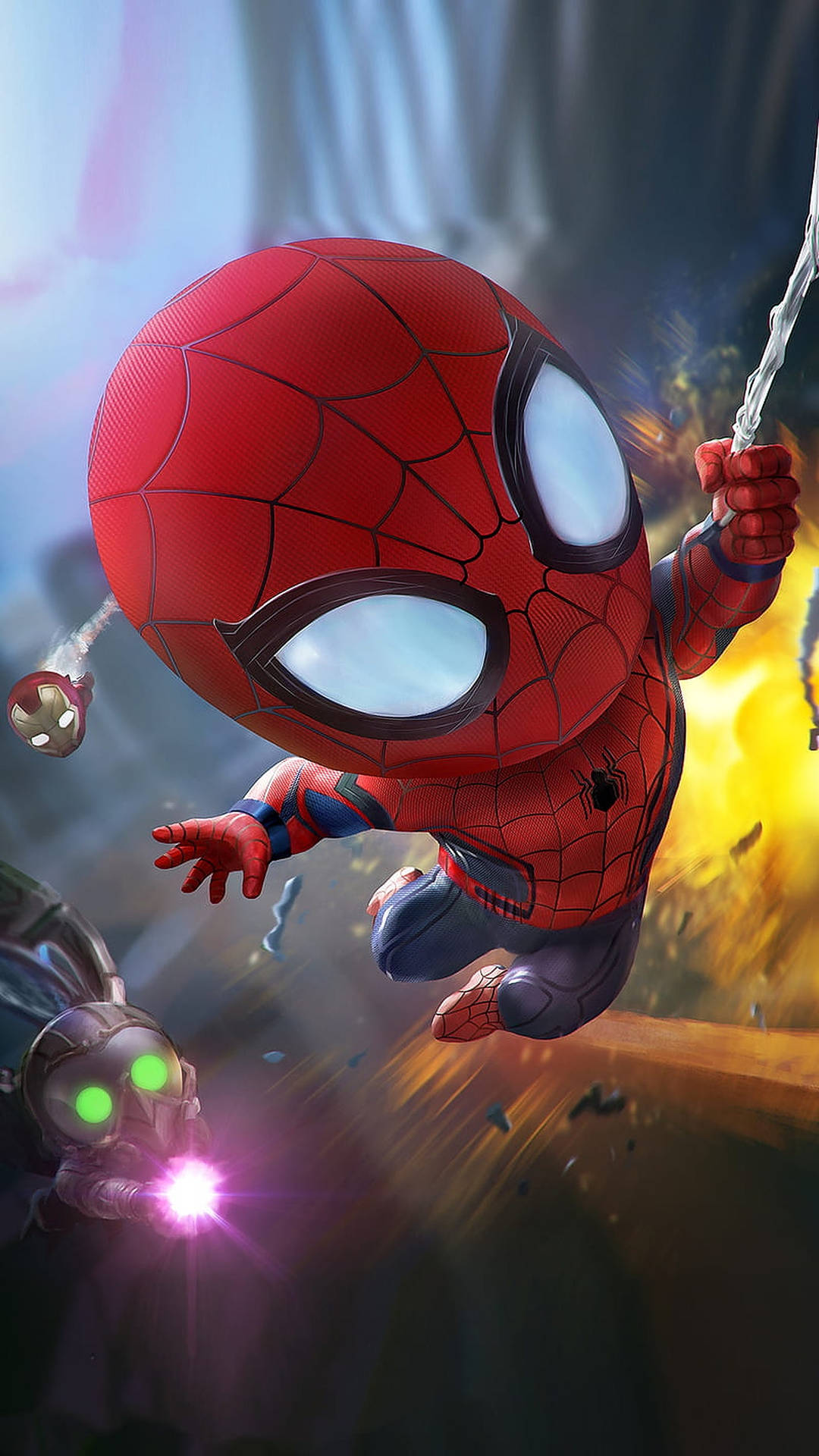 Chibi Spider-Man 在燃燒的戰鬥中擺盪，躲避雷射光束。 — 4K 獵人蜘蛛人壁紙 壁紙