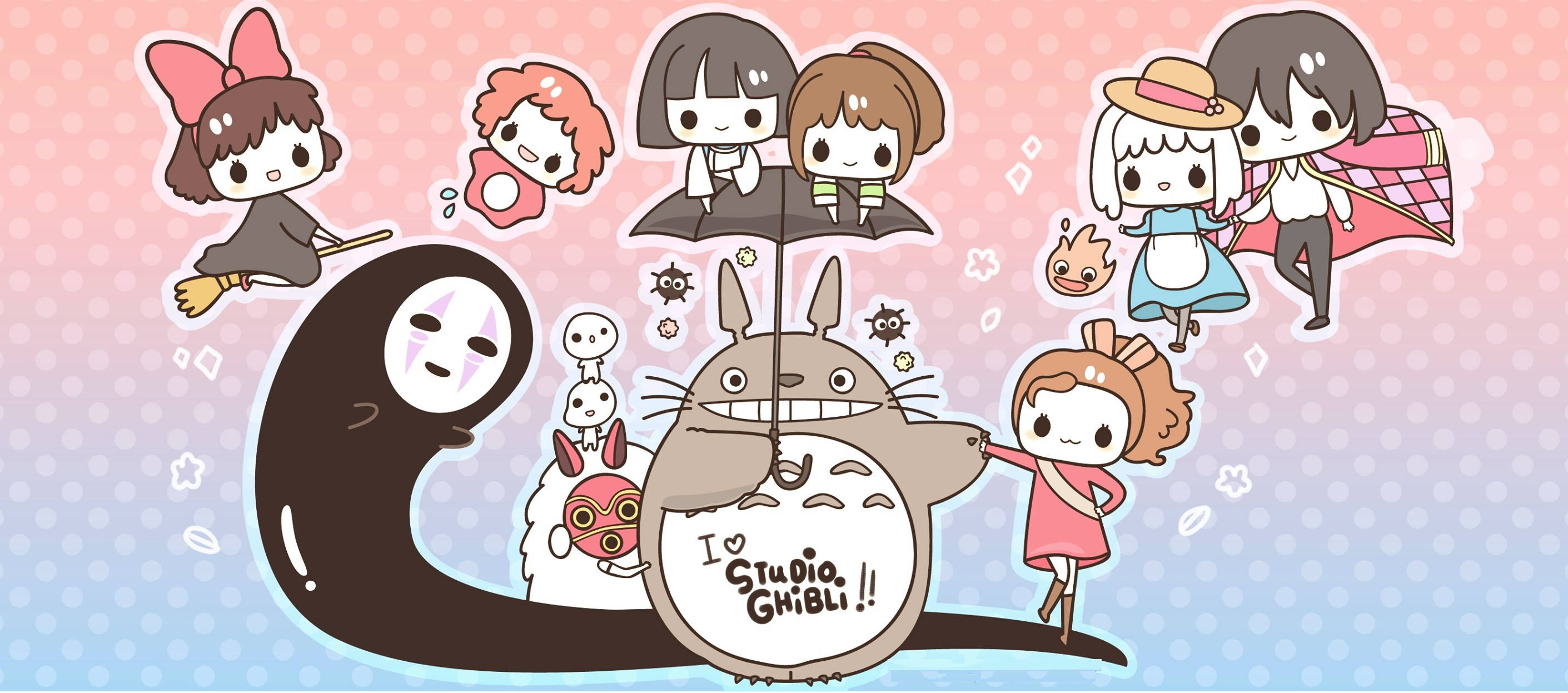 Kawaii Laptop 桌布 壁紙 — Chibi Studio Ghibli 角色如龍貓和無臉男在柔和的粉藍色漸變背景上快樂地漂浮。