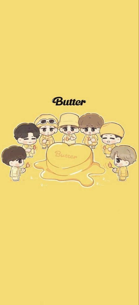 Q版K-pop團體角色圍繞著一個帶有「Butter」文字的奶油塊。 — Bts 壁紙