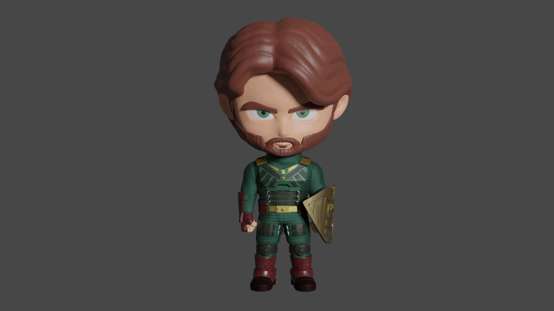  壁紙 — Chibi風格3D渲染超級英雄公仔，棕色頭髮鬍鬚，綠色套裝和盾牌，站在灰色背景前。
