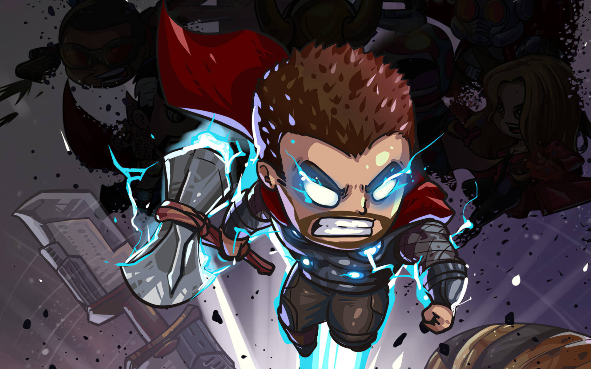 Animated Cartoon 桌布 壁紙 — Chibi Thor 在黑暗粗獷的漫畫風格中，於混亂的戰鬥中揮舞著閃電強化的錘子，對抗模糊的敵人。