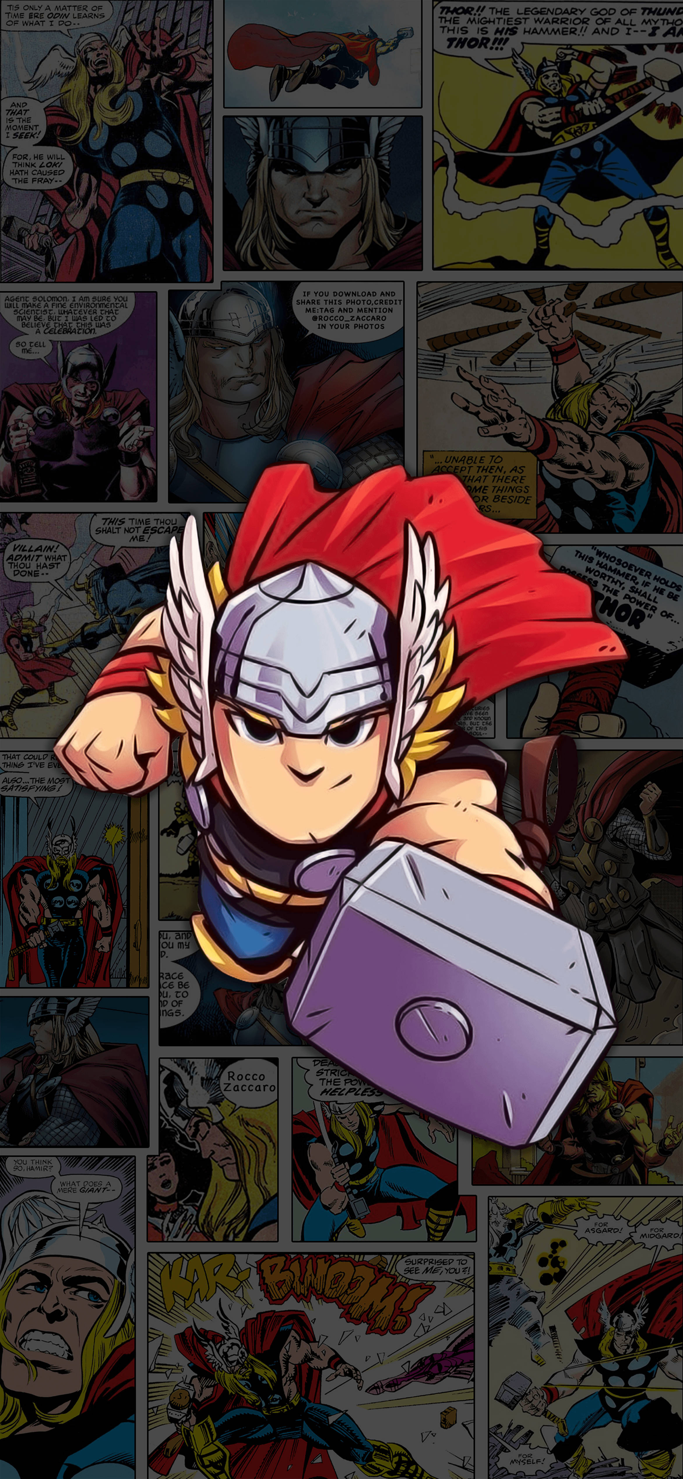 Q版動圖 桌布 壁紙 — Chibi Thor 身穿紅色斗篷和帶翼頭盔，在漫畫面板背景下揮舞紫色錘子。