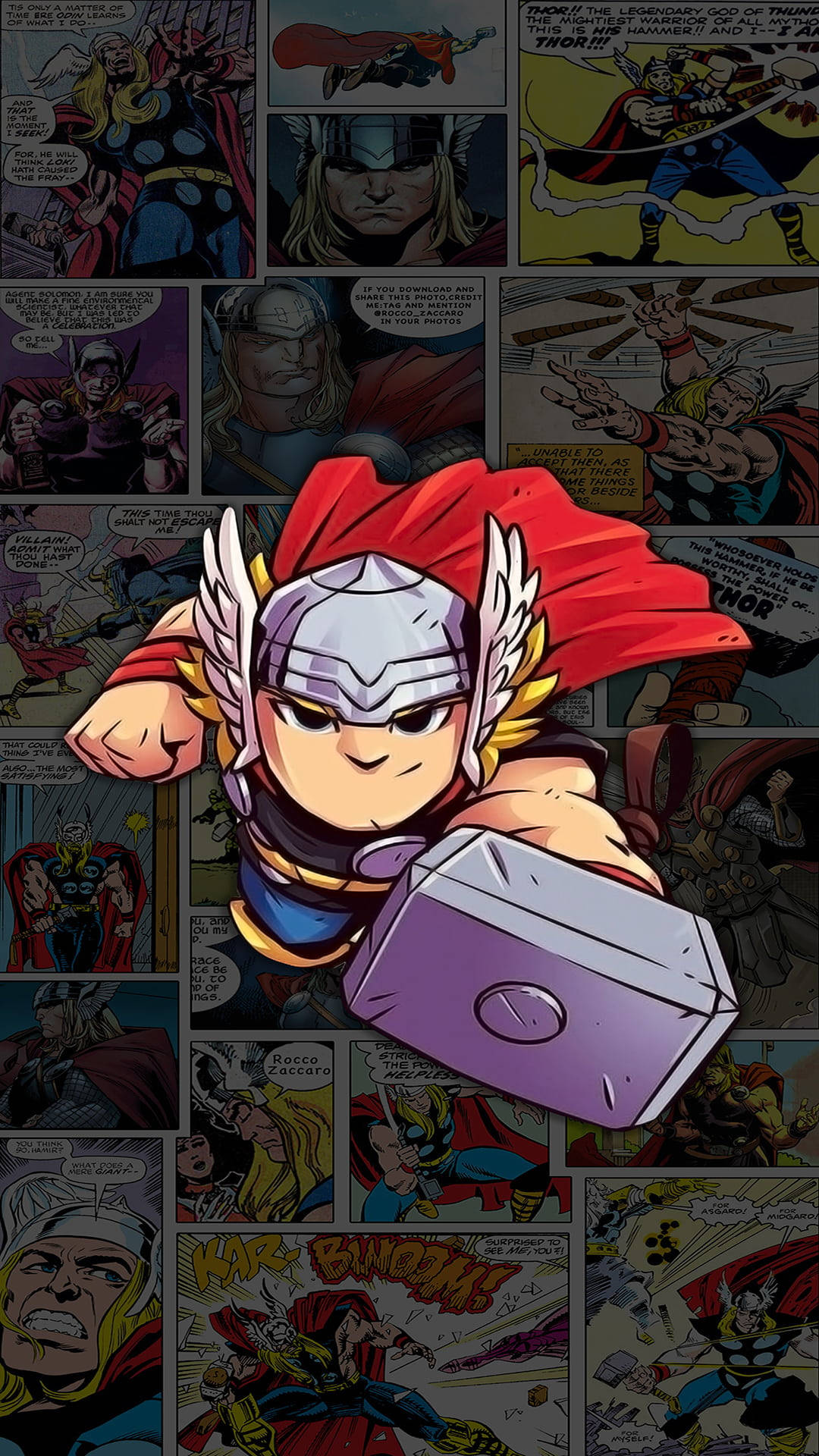 Chibi Thor 手持錘子，身後有漫畫面板。 — 索爾 GIF 壁紙