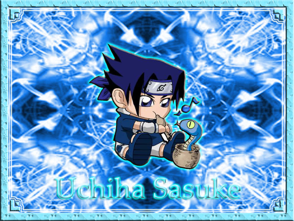 桌布 壁紙 — Chibi Uchiha Sasuke 冷靜地坐在籃子裡，拿著一條藍色的蛇，背景是充滿活力的藍色能量漩渦。