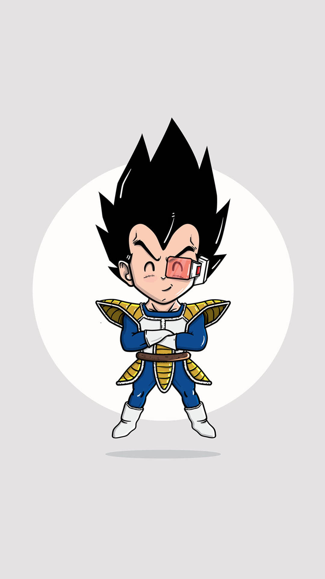 達爾 桌布 壁紙 — Chibi Vegeta 身穿藍金色賽亞人盔甲，雙臂交叉，自信地站在純灰色背景前。