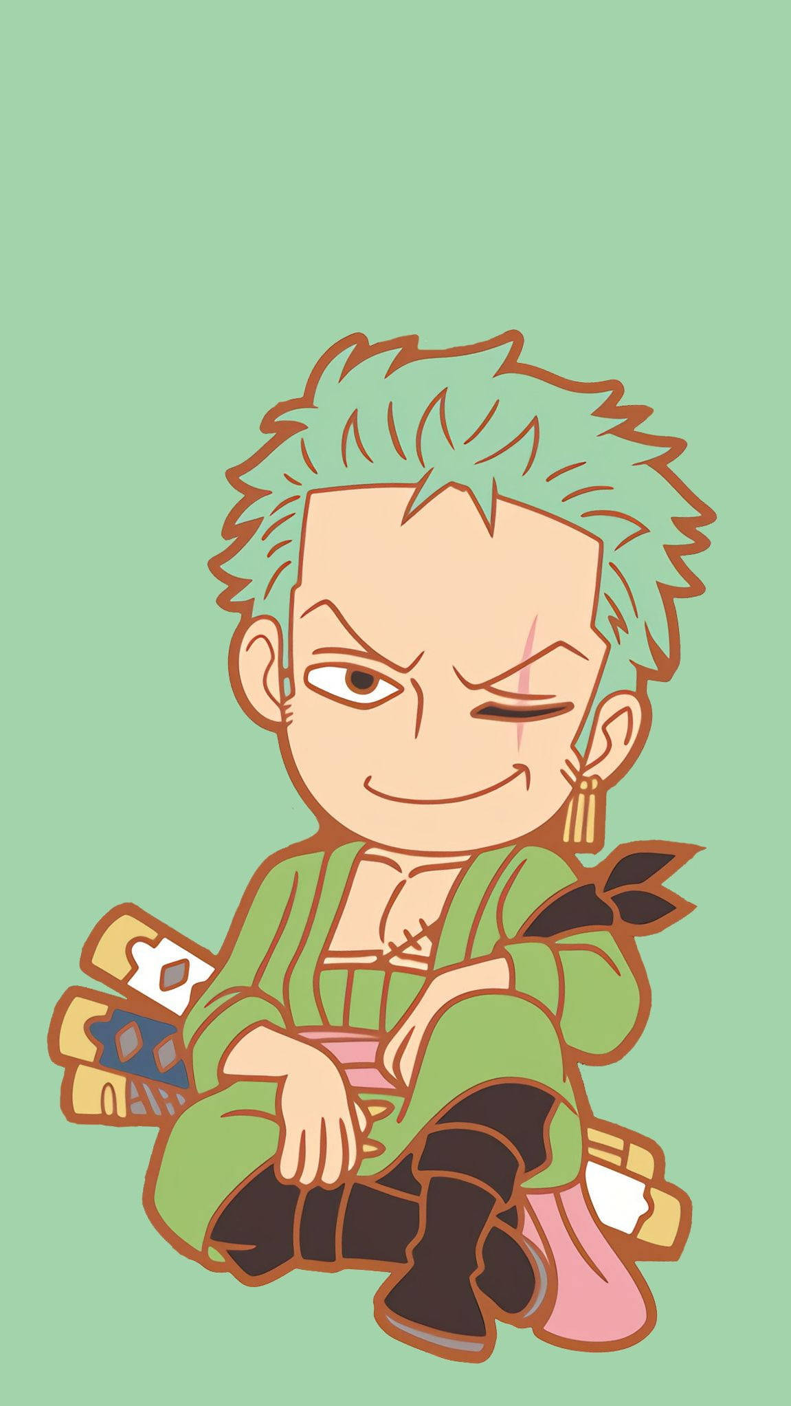 Chibi Zoro 在薄荷綠色背景中持劍而坐。 — 索隆 GIF 壁紙