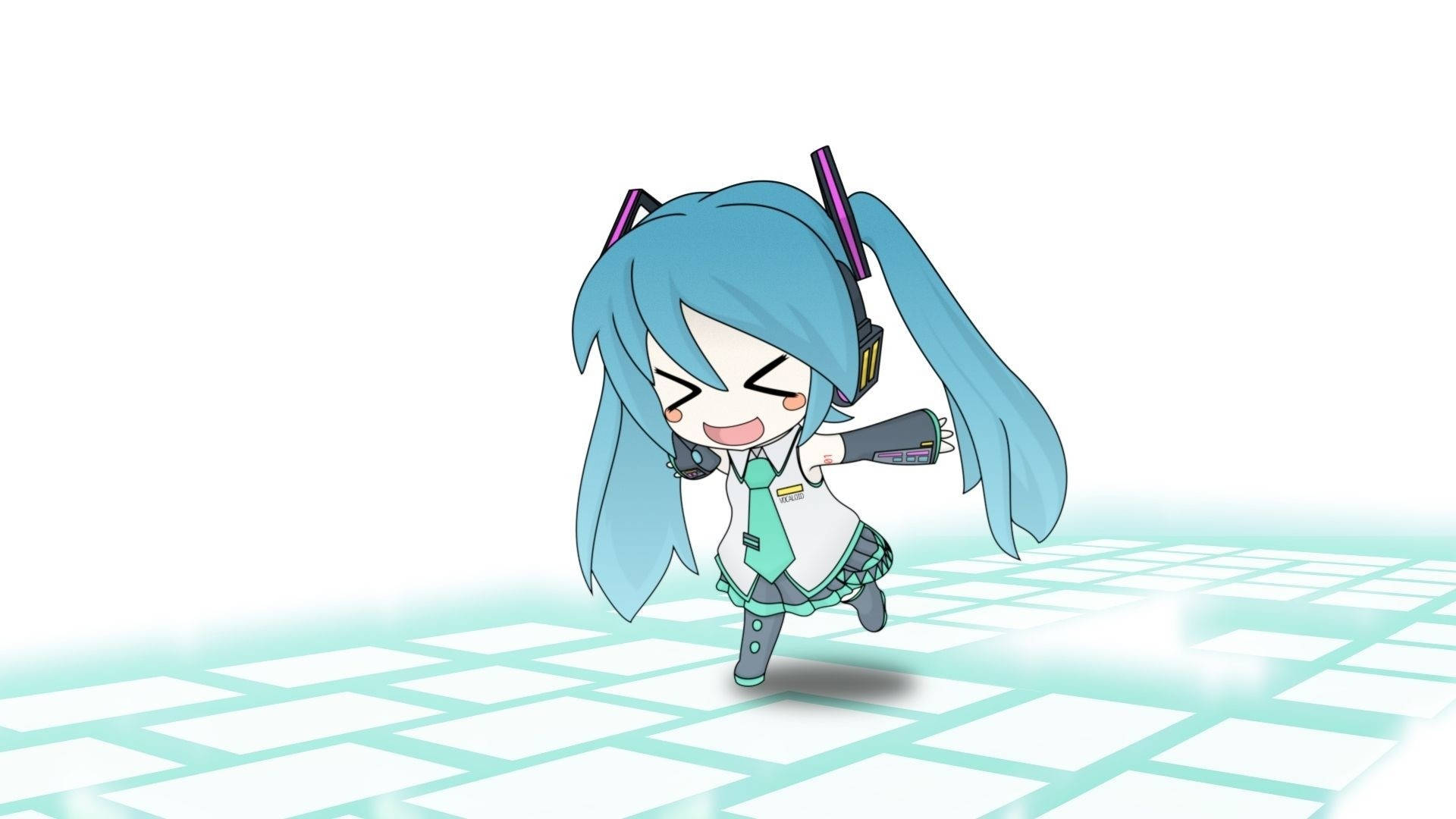 Hatsune Miku 桌布 壁紙 — Chibi 初音未來在發光的網格地板上充滿活力地跳舞，表情喜悅。
