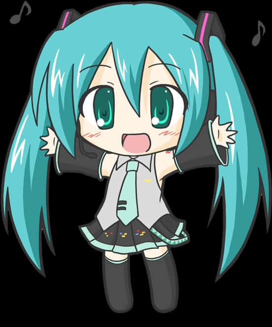 Vocaloid 桌布 壁紙 — Chibi 動漫女孩，擁有藍綠色辮子和綠色眼睛，穿著校服，背景為黑色，漂浮著音樂符號。