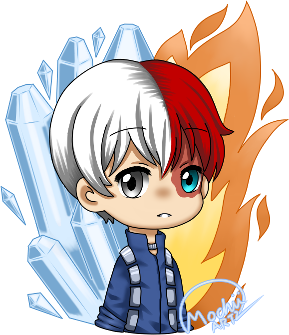 轟焦凍 桌布 壁紙 — Chibi 動漫男孩，半白半紅的頭髮，站在冰晶和火焰之間，採用大膽的分色設計。