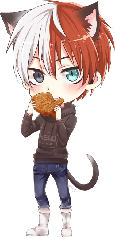 轟焦凍 桌布 壁紙 — Chibi 動漫男孩，有貓耳和尾巴，在黑色背景前開心地吃著魚形糕點。