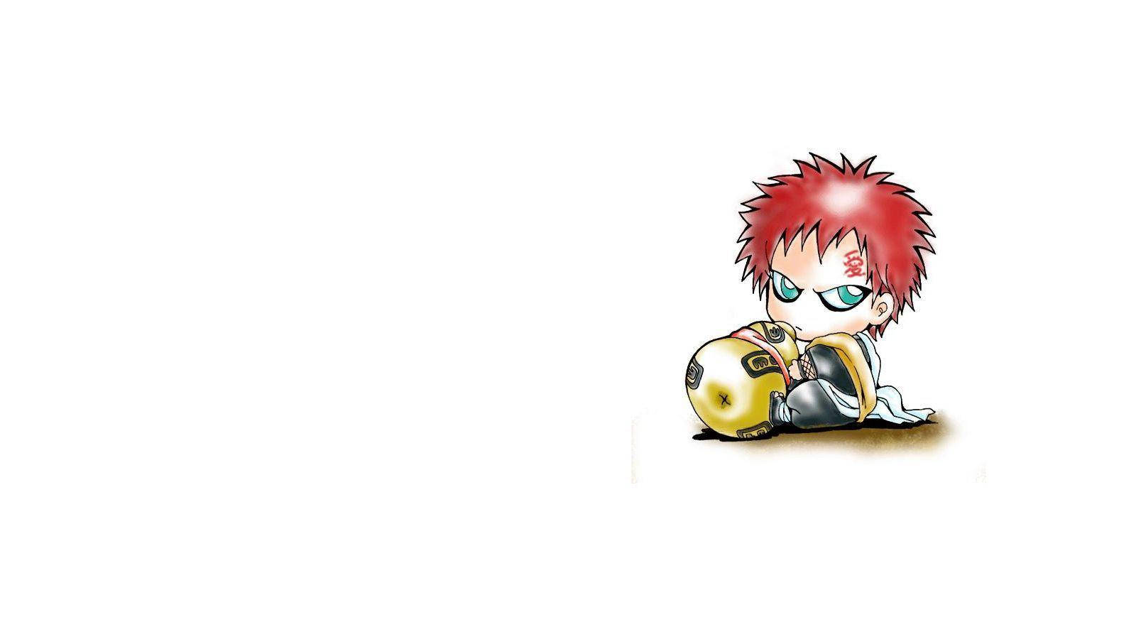 Gaara 桌布 壁紙 — Chibi 動漫角色，紅色尖刺頭髮，綠色眼睛，在純白背景前手持金色球。