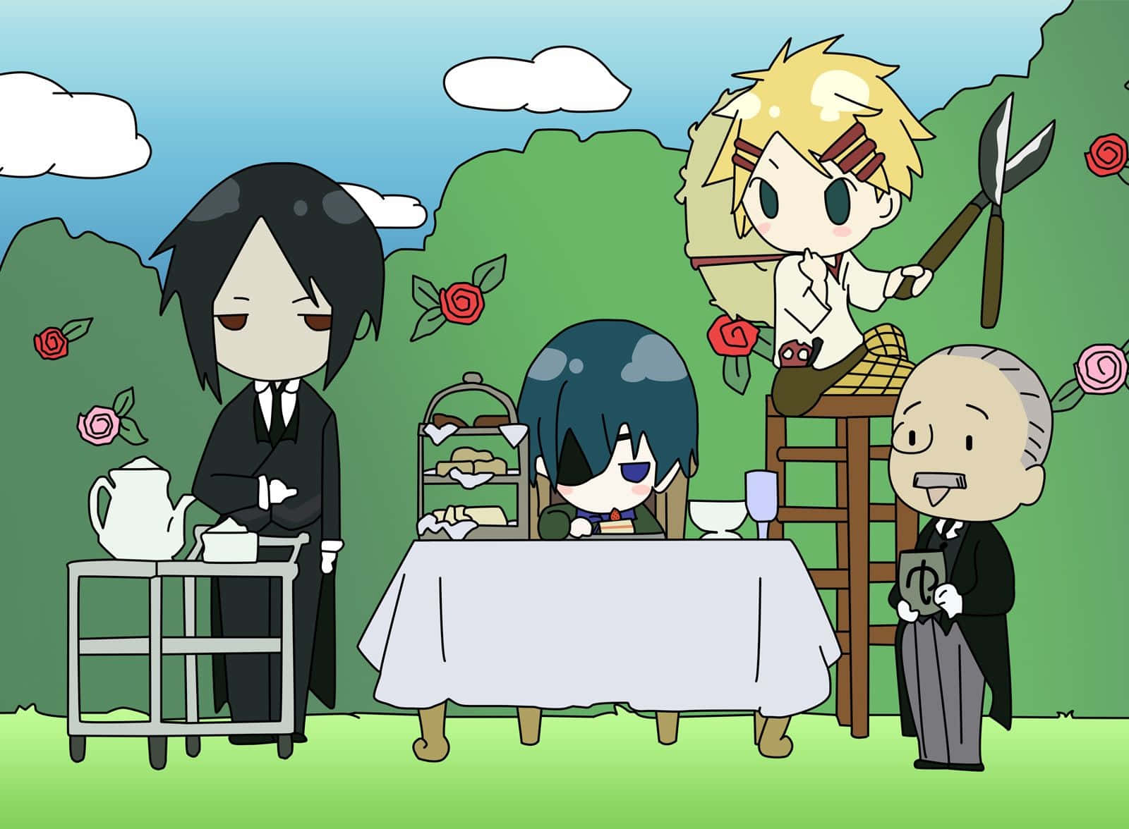 Black Butler 桌布 壁紙 — Chibi 動漫角色在明亮的庭園場景中，與玫瑰和梯子一起享受戶外茶點。