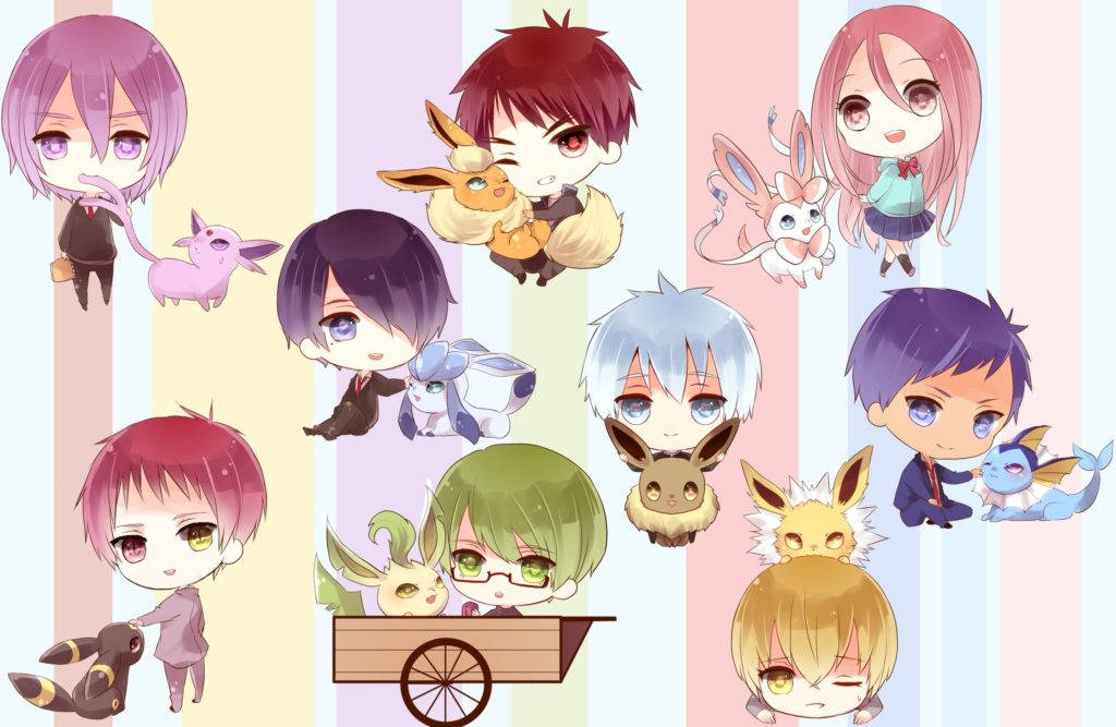 Kuroko 桌布 壁紙 — Chibi 動漫角色與寶可夢在粉彩垂直條紋背景上。