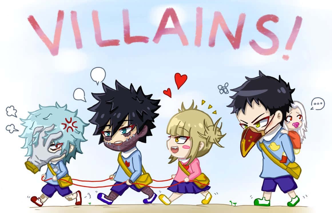 Cartoon Villains 桌布 壁紙 — Chibi 動畫反派們開心地排成一排手牽手，在寫有「反派」字樣的天空下行走。