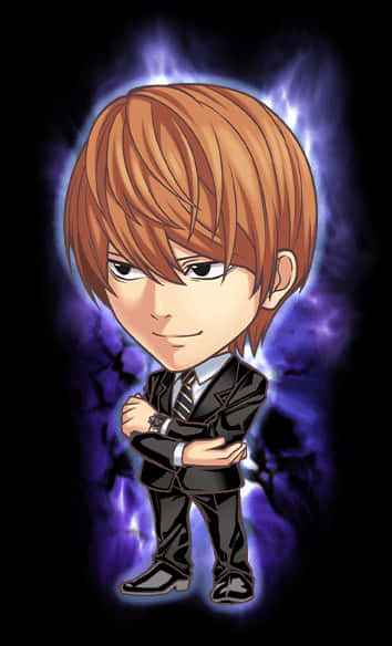 動漫 桌布 壁紙 — Chibi 動畫男孩，棕色頭髮，穿著西裝，自信地站在發光的紫色閃電背景前。