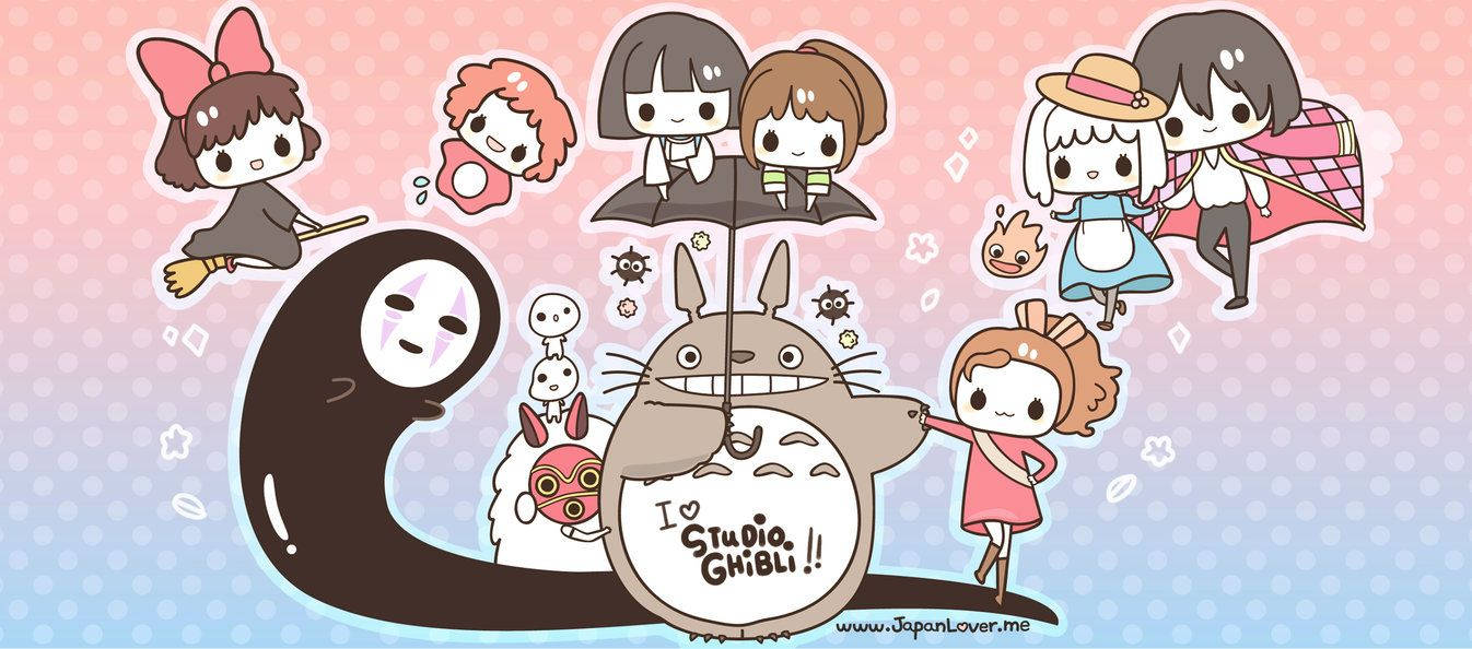 可愛 桌布 壁紙 — Chibi 吉卜力角色包括龍貓、無臉男和朋友們在柔和漸變背景上快樂地漂浮。