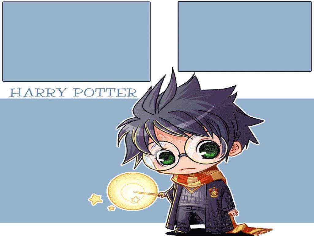 Chibi Anime 桌布 壁紙 — Chibi 哈利波特穿著霍格華茲制服，在淺藍色背景上拿著一個帶有星星的發光金色球體。