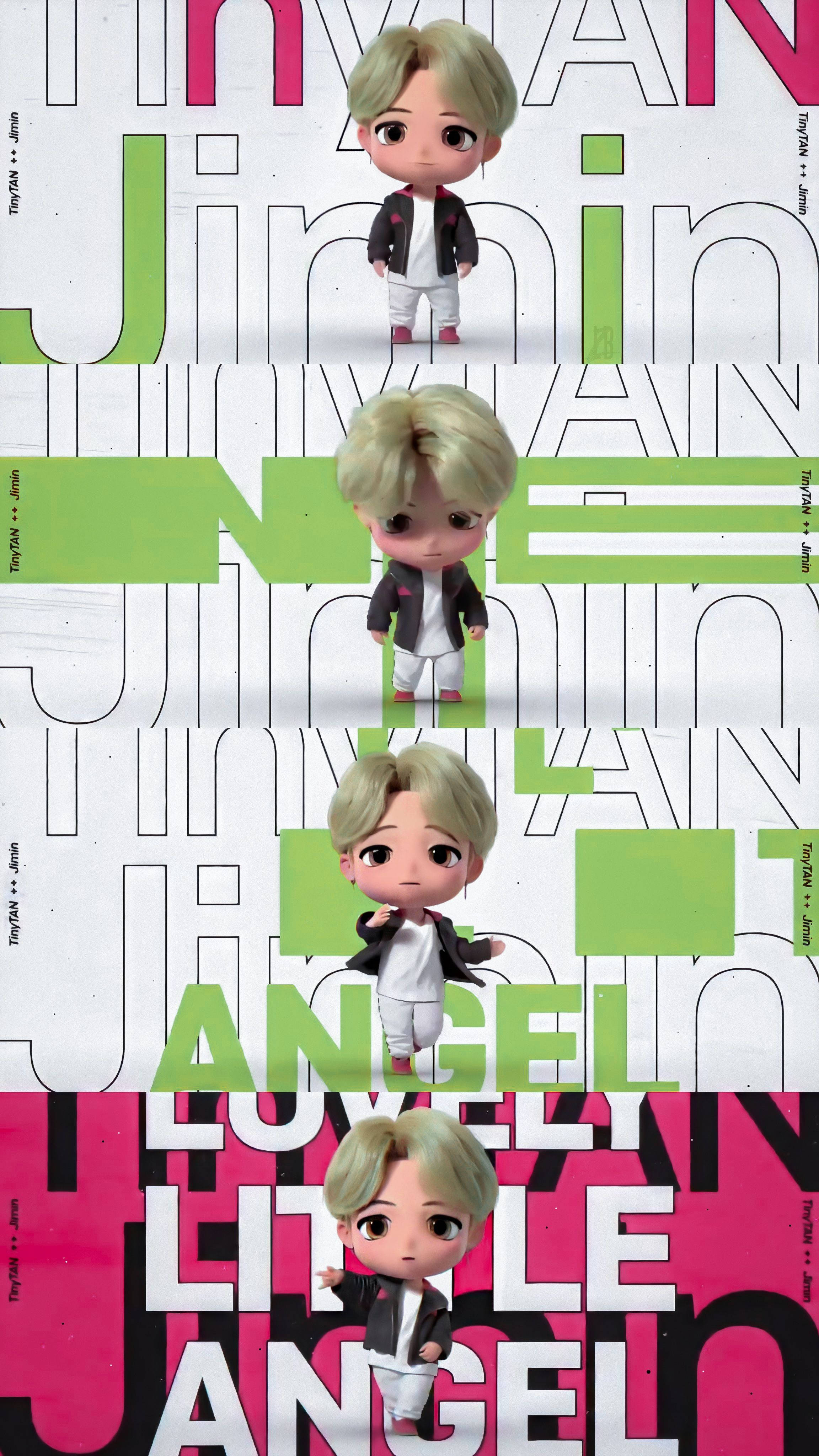 Tinytan 桌布 壁紙 — Chibi 風格 Jimin 公仔在帶有粉紅色、綠色和白色文字的醒目圖形背景上垂直重複。