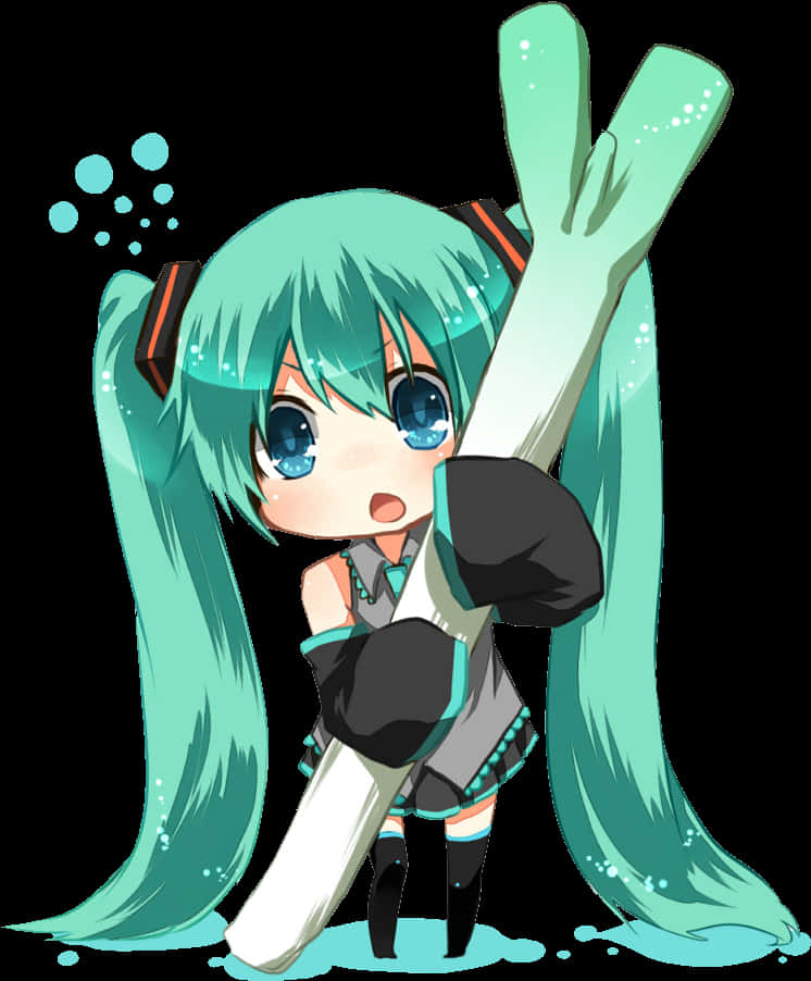 Vocaloid 桌布 壁紙 — Chibi動漫女孩，擁有藍綠色辮子和藍色眼睛，在黑色背景上拿著一個大型白色麥克風，周圍有漂浮的氣泡。