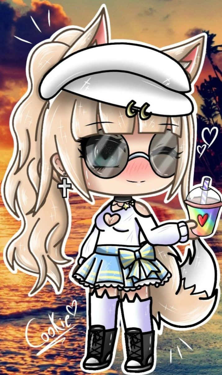 桌布 壁紙 — Chibi動漫女孩，有狐狸耳朵和太陽眼鏡，在日落海灘背景下啜飲彩虹飲料。