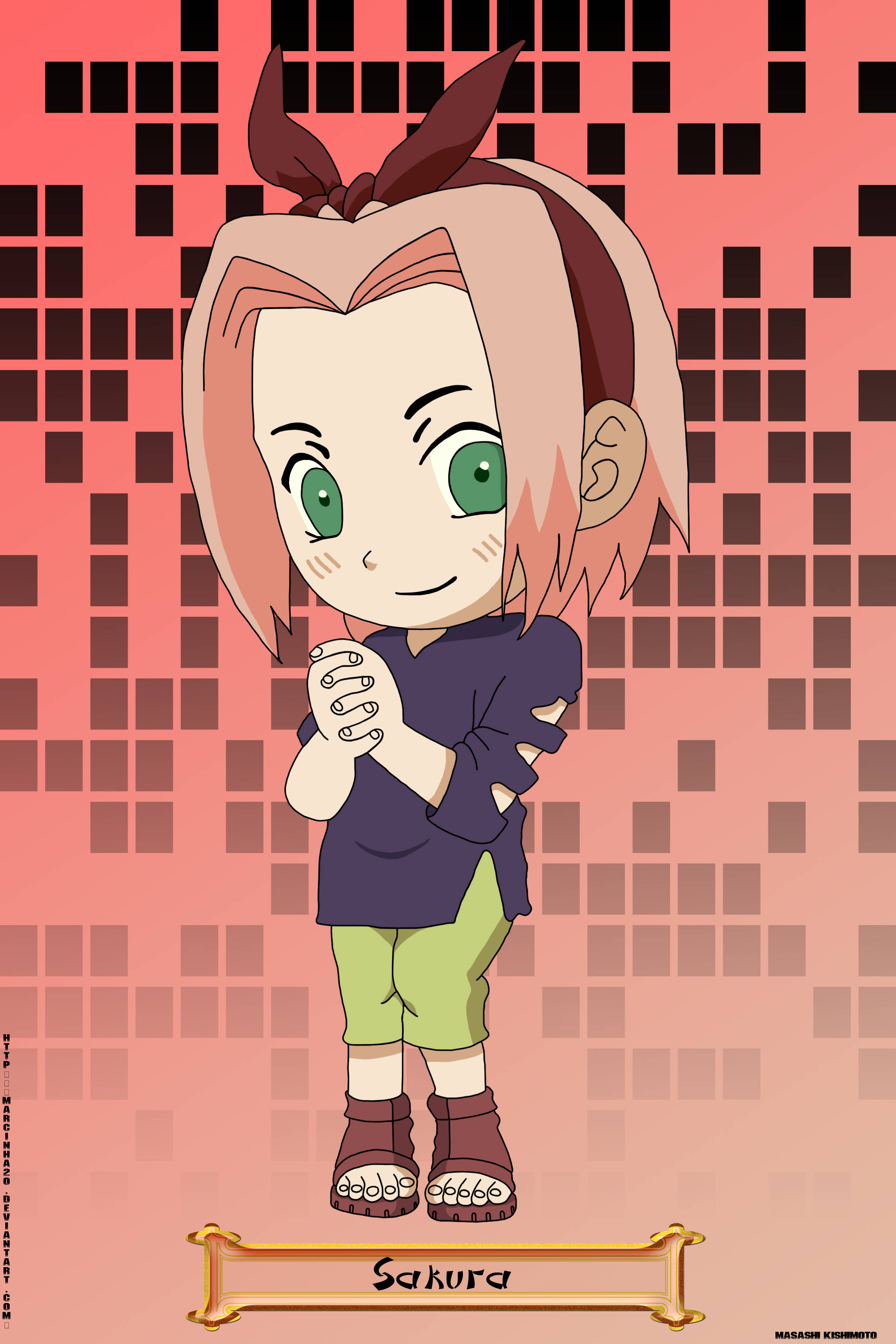 Naruto Sakura 桌布 壁紙 — Chibi動漫女孩，粉紅色頭髮、綠色眼睛，戴著蝴蝶結，在像素化粉紅色背景前微笑站立。