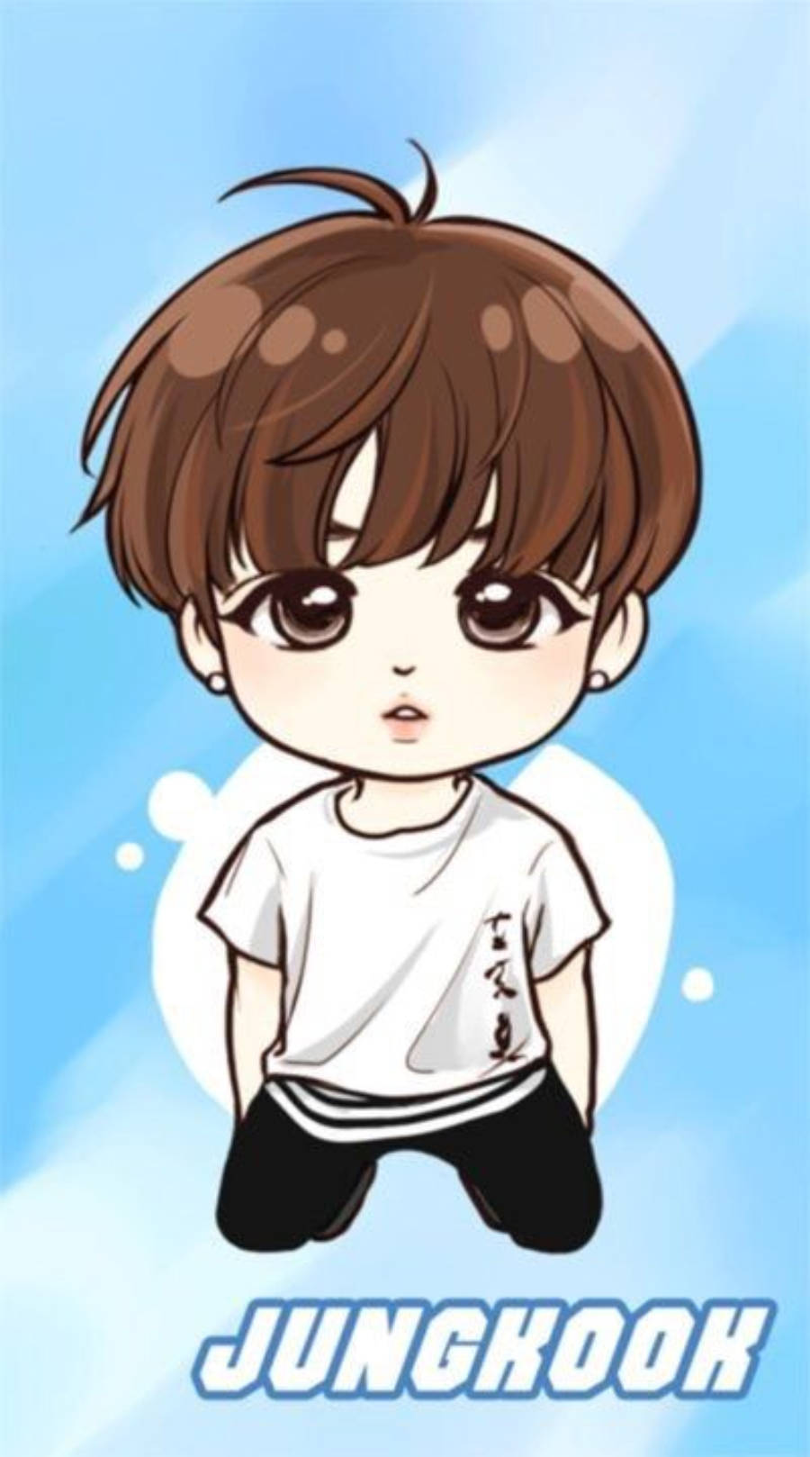 Chibi動漫男孩，棕色頭髮，大眼睛，穿著白色T恤和黑色褲子。 — BTS 卡通 GIF 壁紙