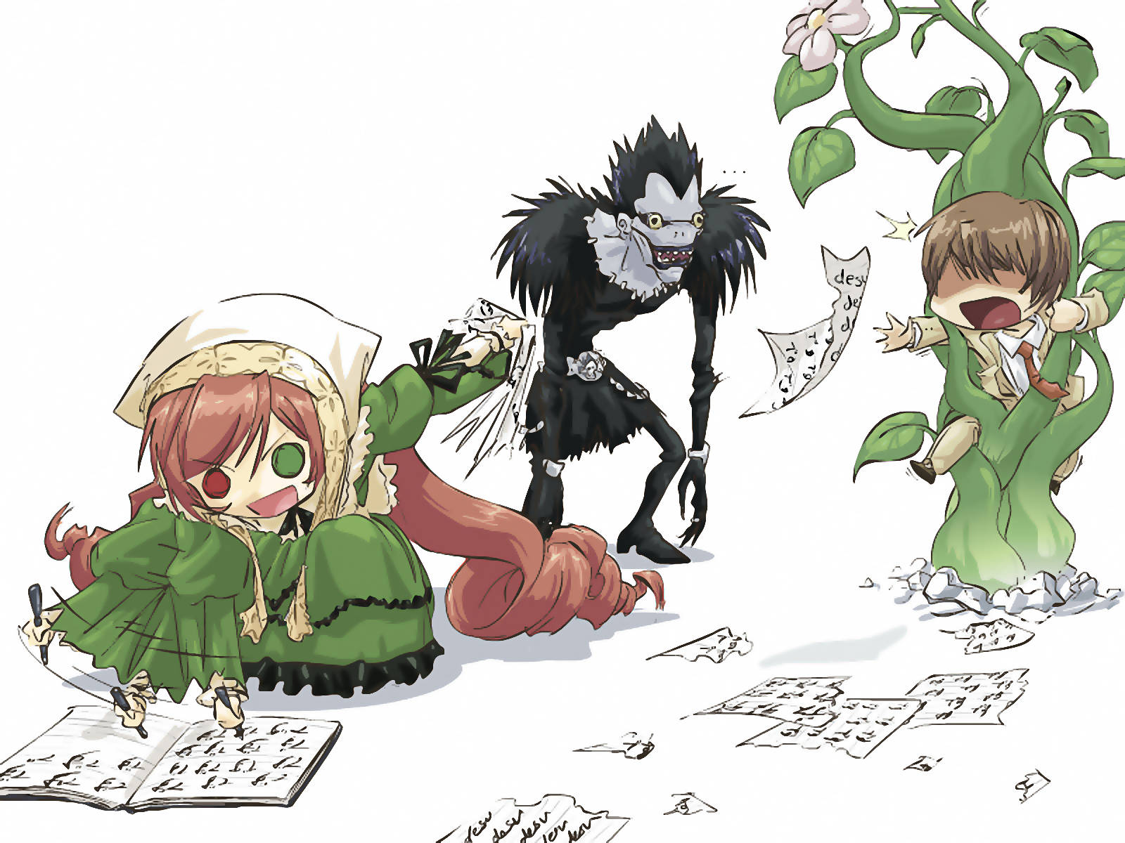 Ryuk 桌布 壁紙 — Chibi動漫角色，包括一個穿綠色衣服寫筆記的女孩、一個黑翼死神和一個被困在巨大豆莖中、周圍有漂浮紙張的男孩。
