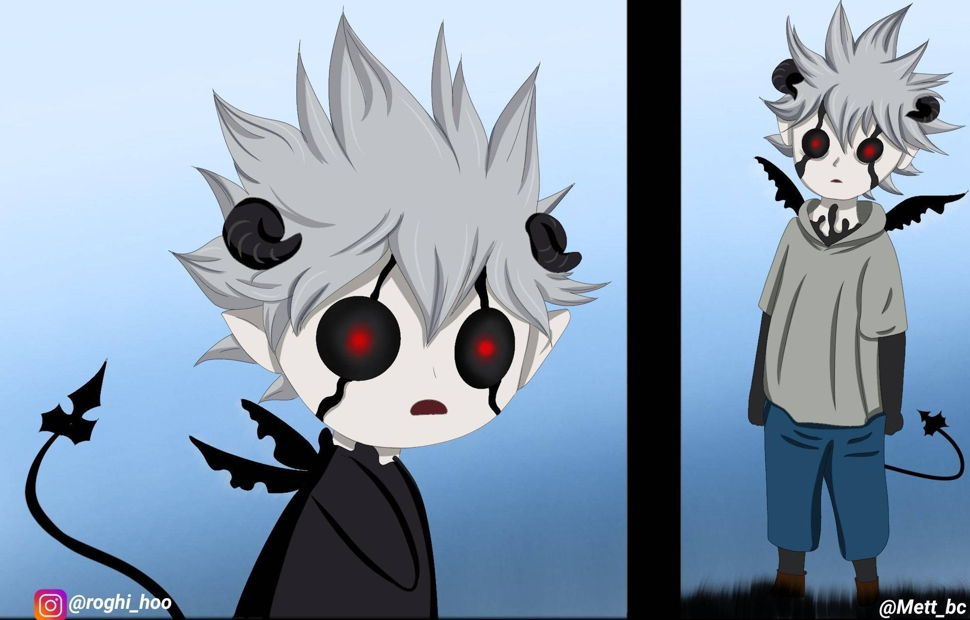 liebe black clover 桌布 壁紙 — Chibi動漫角色，擁有尖刺銀色頭髮、紅色眼睛和黑色惡魔角、尾巴和翅膀，以兩種姿勢展示在藍色漸變背景上。