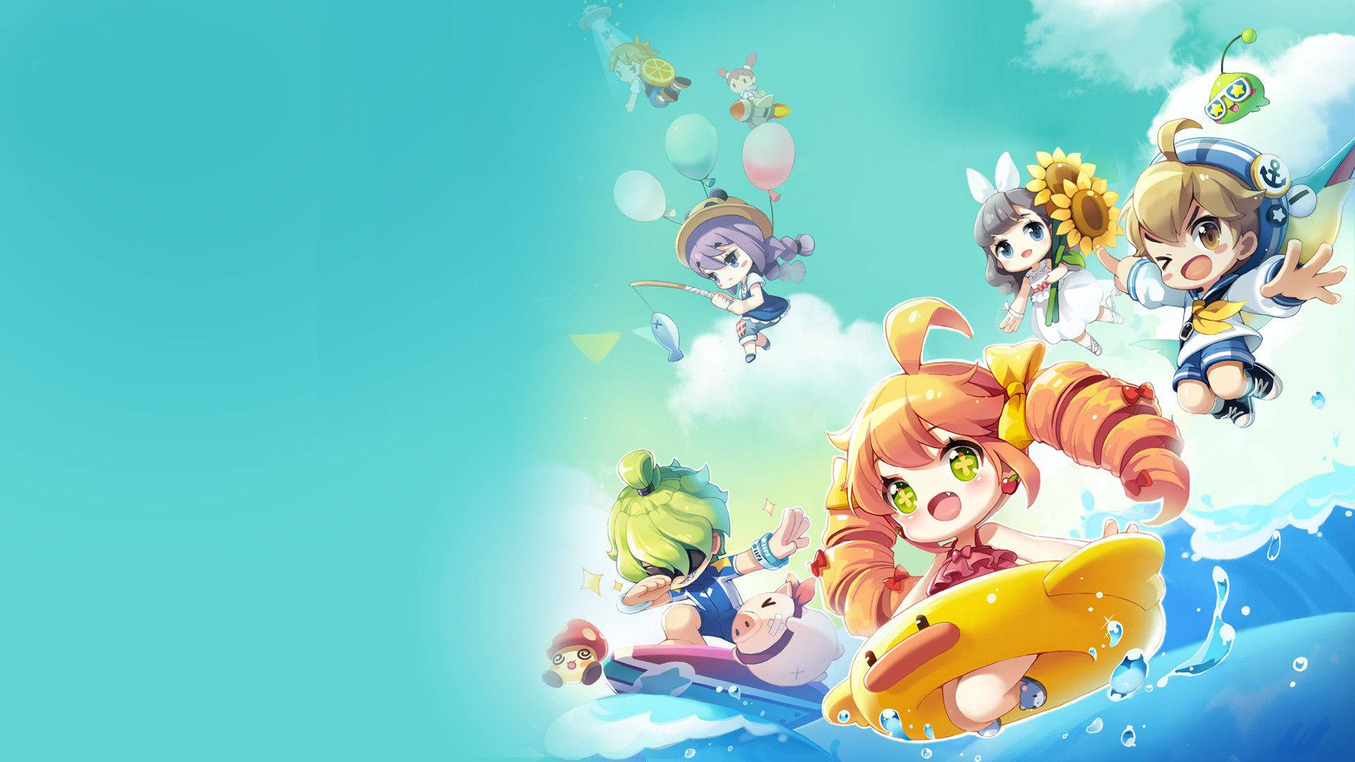 Maplestory 2 桌布 壁紙 — Chibi動漫角色在晴朗的天空下，在明亮的藍綠色水中快樂地漂浮和游泳，天空中有蓬鬆的雲朵。