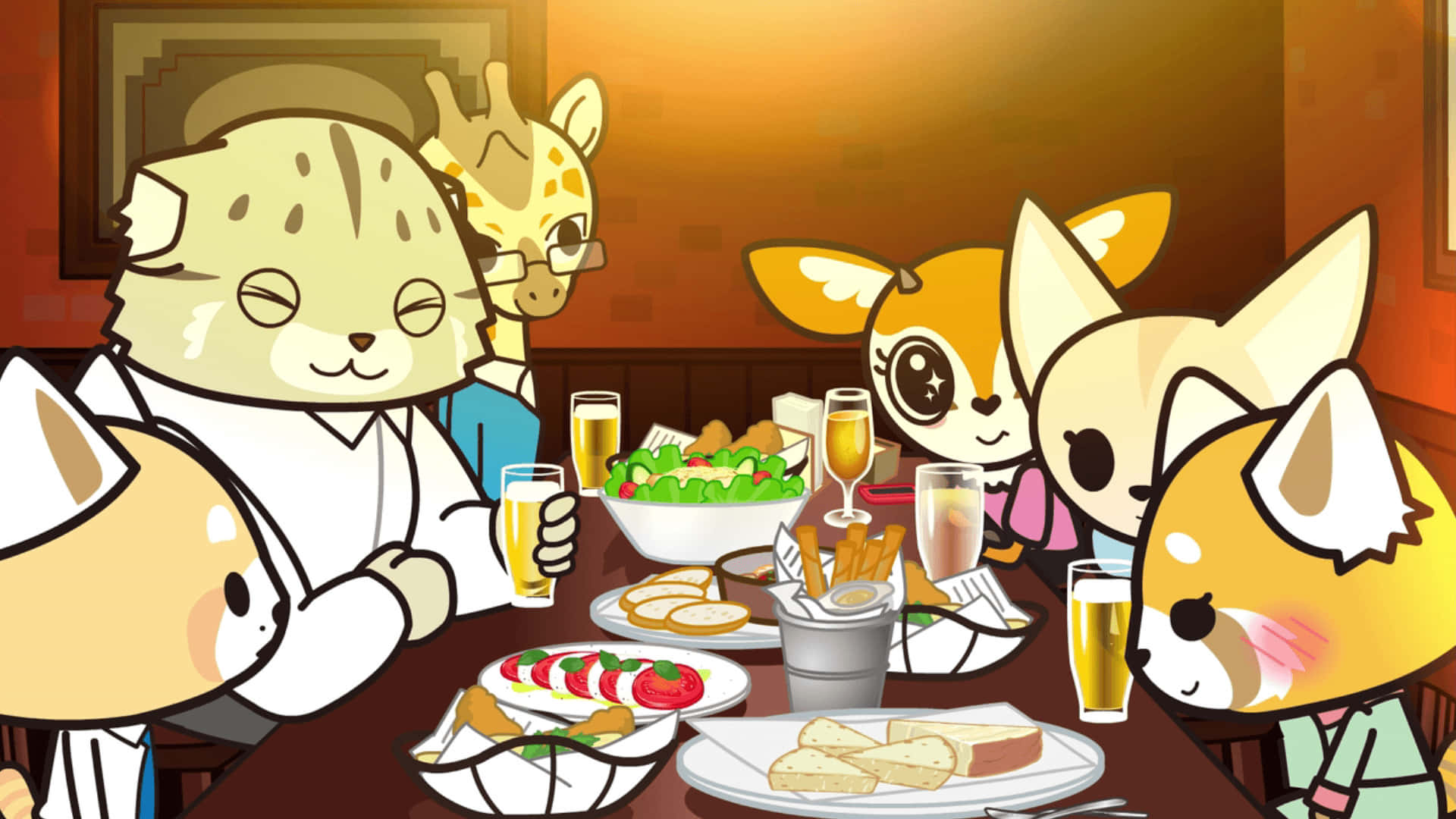 衝吧烈子 桌布 壁紙 — Chibi動物角色圍繞著一張充滿食物和飲料的木桌，一起享受溫暖的晚餐。