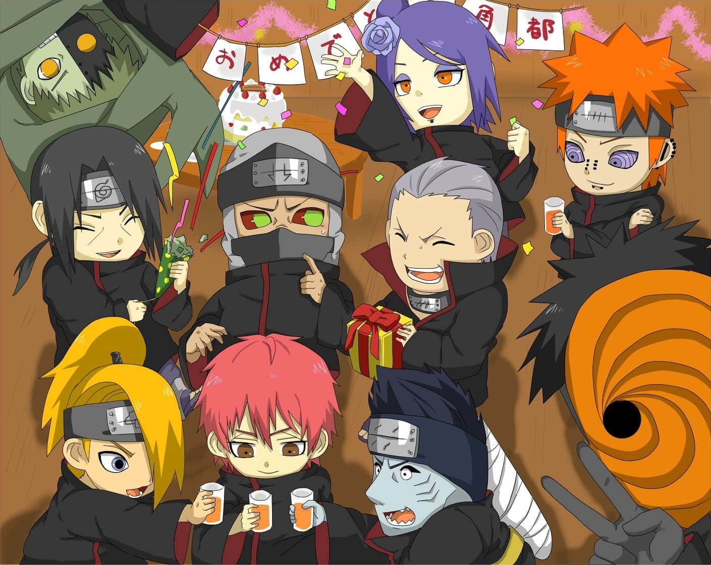 Akatsuki Chibi 桌布 壁紙 — Chibi動畫忍者在木房間裡用飲料、禮物和五彩紙屑慶祝節日派對。