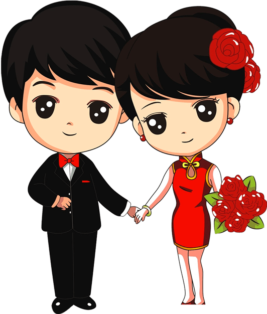 Love Couple 桌布 壁紙 — Chibi卡通情侶穿著婚禮服飾，手持紅玫瑰，在黑色背景前牽手。