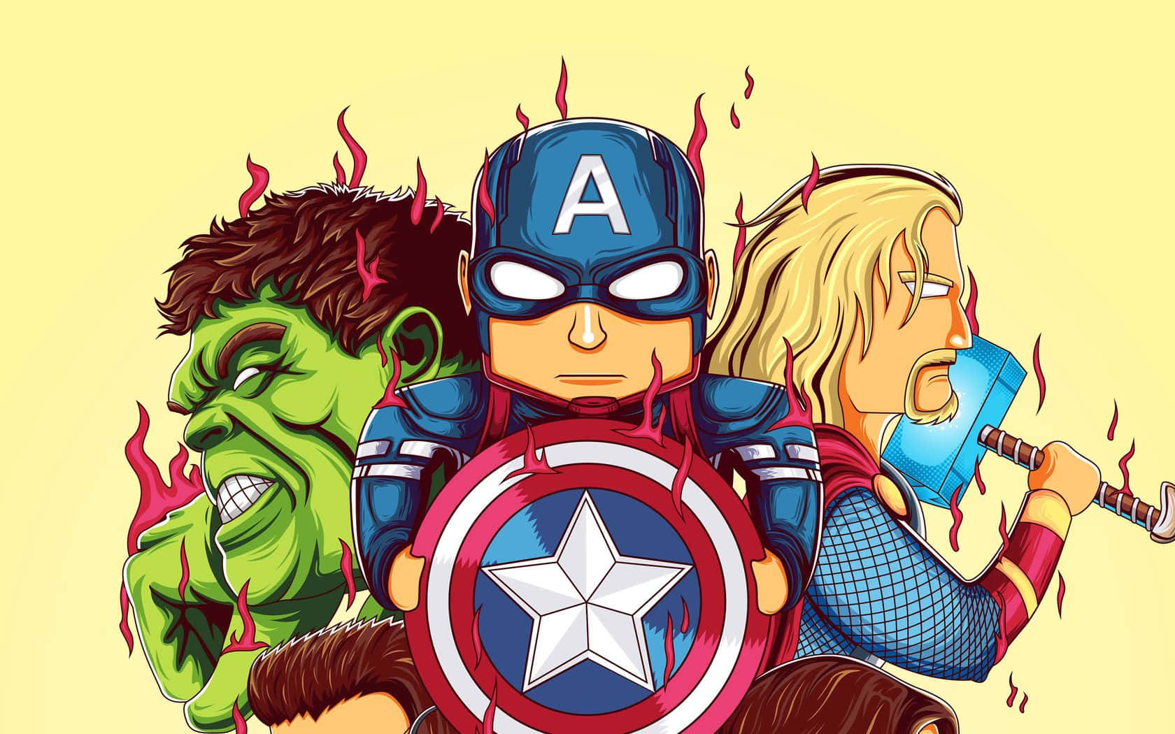 Earth's Mightiest Heroes 桌布 壁紙 — Chibi風格復仇者聯盟三人組，包括浩克、索爾和美國隊長，在淡黃色背景上擺出火熱的動作姿勢。