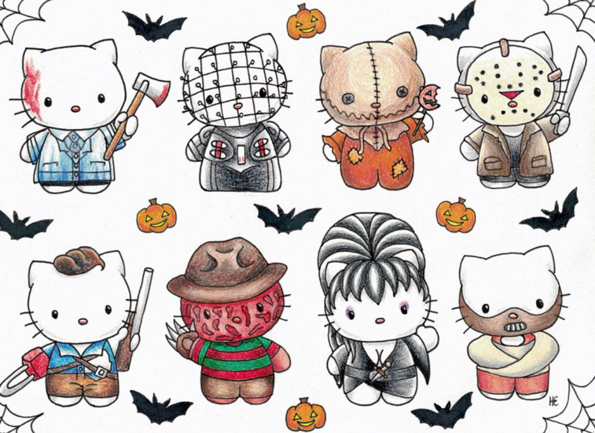 Hello Kitty Halloween 桌布 壁紙 — Chibi風格恐怖角色，如Hello Kitty扮演Freddy Krueger和Jason Voorhees，周圍環繞著蝙蝠和南瓜。