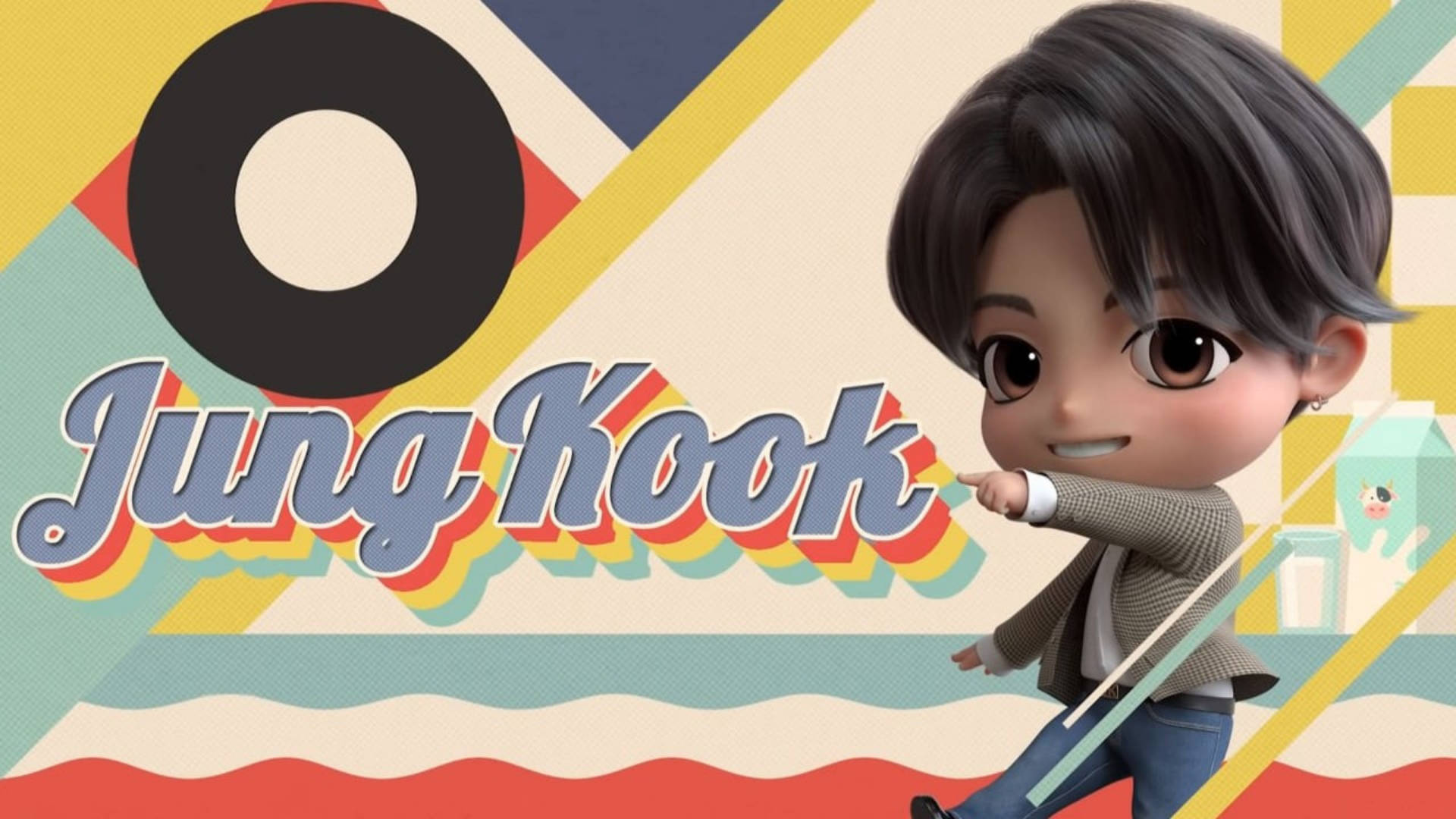 Tinytan 桌布 壁紙 — Chibi風格的Jung Kook在充滿活力的復古幾何背景前開心地擺姿勢，背景有鮮明的顏色和有趣的波浪圖案。