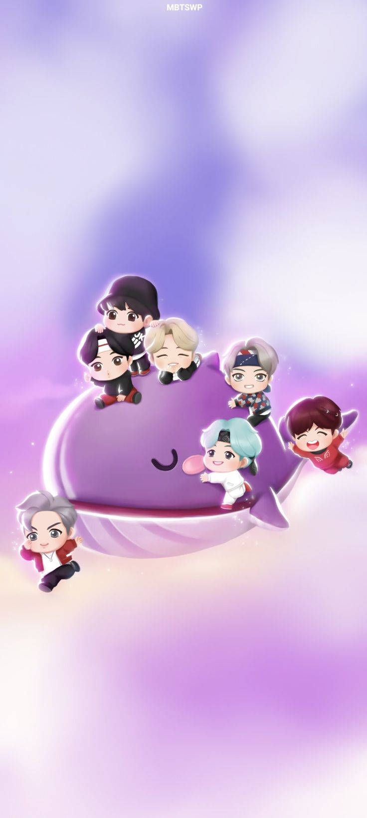 Chibi K-pop偶像騎著紫色鯨魚穿過粉彩雲朵。 — BTS 卡通 GIF 壁紙