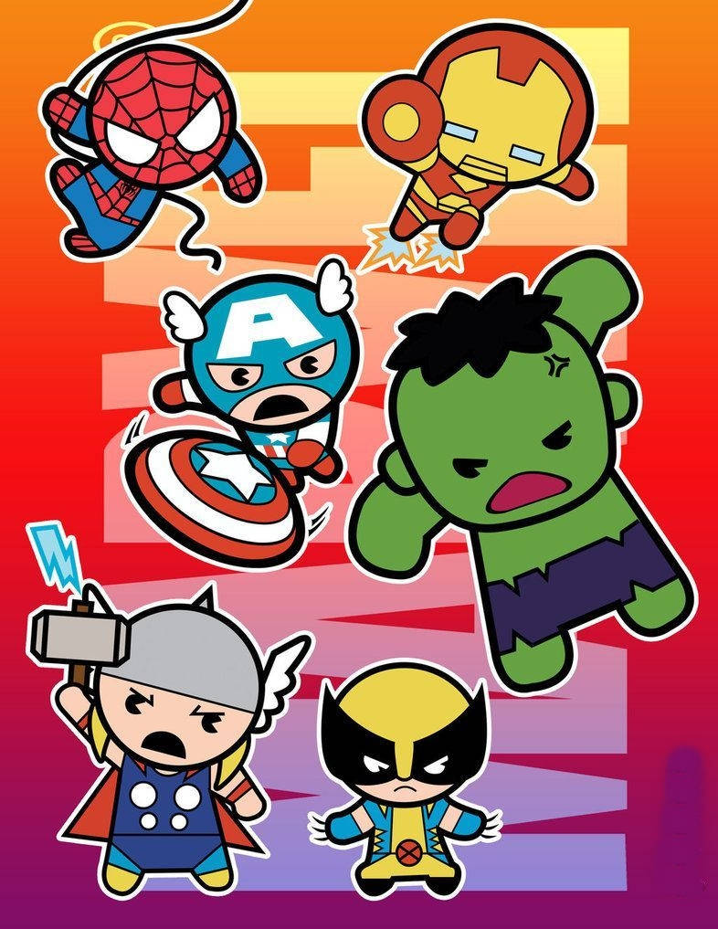 Cute Marvel 桌布 壁紙 — Chibi風格的Marvel超級英雄，像是蜘蛛人、鋼鐵人和浩克，在充滿活力的漸變背景前動感擺姿勢。