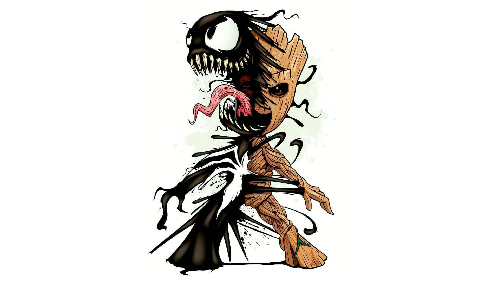 Chibi Venom和Groot融合，Venom的黑色共生體纏繞在Groot的木質身體上。 — 格魯特 GIF 壁紙