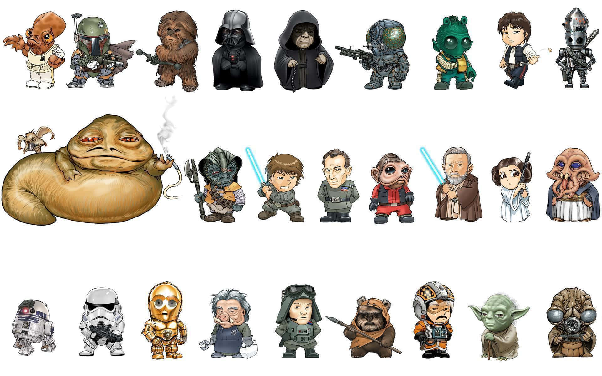 Star Wars Characters 桌布 壁紙 — Chibi風格的星際大戰角色，包括黑武士、波巴費特和尤達，排列成三行，背景為純白色。