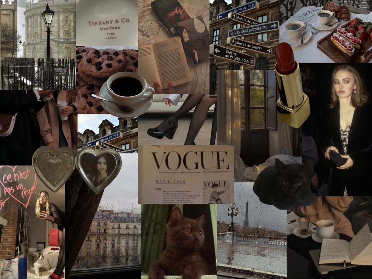  壁紙 — 時尚巴黎拼貼畫， featuring Vogue 雜誌、咖啡杯、唇膏以及艾菲爾鐵塔和羅浮宮等標誌性地標。