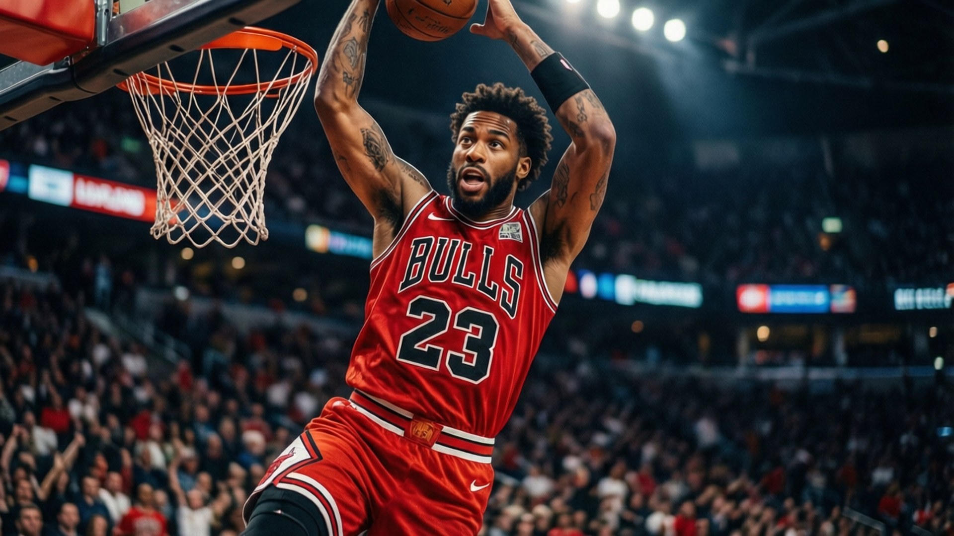 Soaring Slam Dunk 壁紙 — 一位芝加哥公牛隊球員身穿紅色23號球衣，在燈光明亮的場館中灌籃，球迷歡呼。